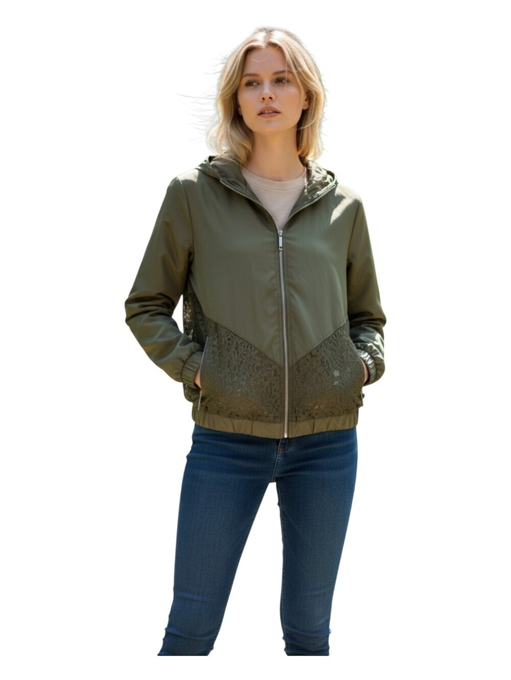 Madeleine Womens Avacado Green Floral Lace Full Zip Hooded Windbreaker Jacket 10